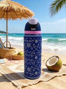 OwI Dark Blue Cashew Nut Pattern Large Capacity Stainless Steel Water Bottle, 32oz/945ml With Straw, Exquisite Look, Insulated For Hot&Cold Drinks/Iced Water, Keeps Warm For 24 Hours,For Leisure Work Sports Indoor Outdoor, Perfect Gift Choice - 寶藍色 - 查看 1