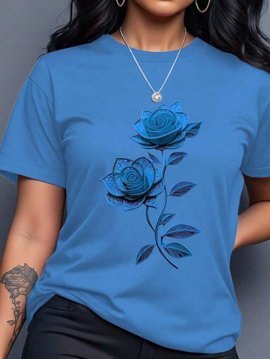 Camiseta de manga corta con cuello redondo, estampado floral y color verde para mujer - Azul - Ver 1