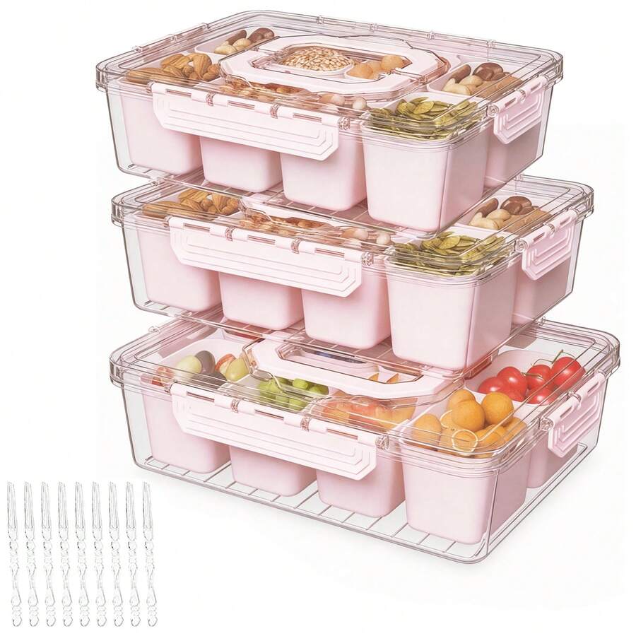 2 Pack Or 3 Pack Divided Serving Tray With Lid And Handles, 8 Or 9 Compartments Snack Box Container Charcuterie Organizer Snackle Box Container For Candy,Nuts,Fruits,Snacks, Pink Or Beige - View 1