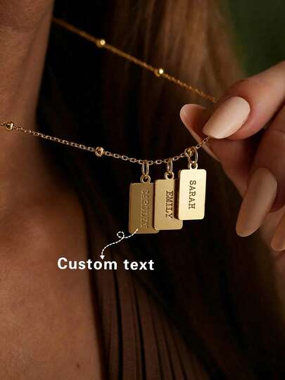Customized Minimalist Fashionable Personalized Rectangular Etched (Laser Engraved) English Letter Name Necklace, 18K Gold Plated Stainless Steel Material, Family Version, Couples Version, Multiple Names Available
