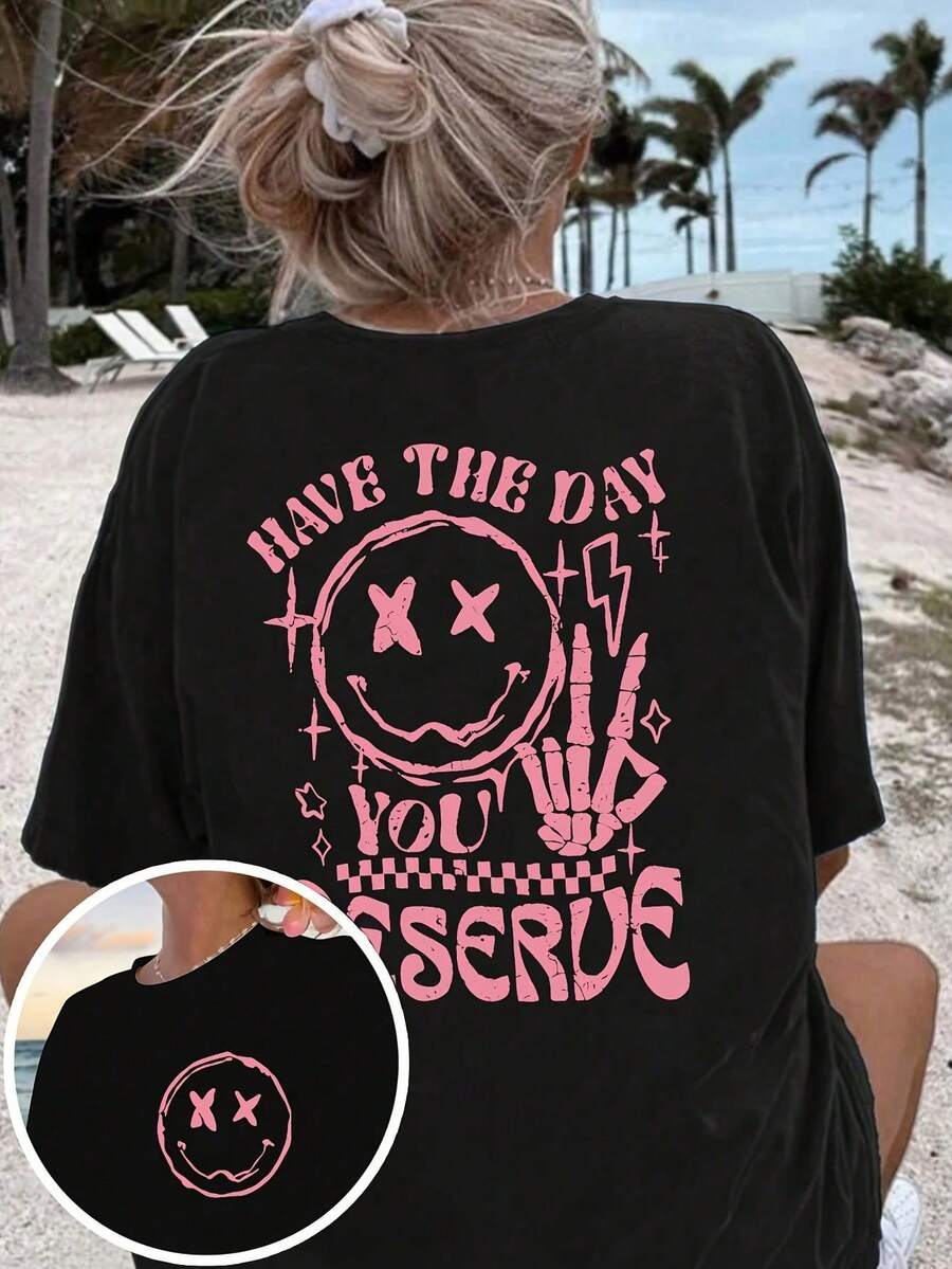 Women's 'Have A Day You Deserve' Graphic T-Shirt - Black, Breathable Short Sleeve Crew Neck Top With Happy Face And Letter Design, Casual Summer Wear - 黑色1 - 查看 1