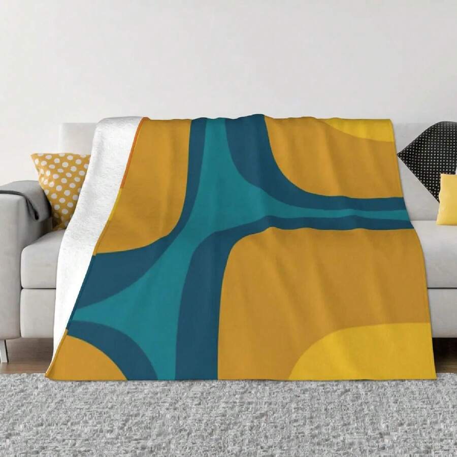 Retro Groove Pattern Mustard Teal An Ultra-Soft Micro Fleece Blanket - 1 - View 1