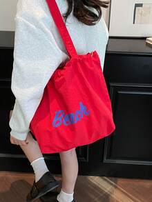 Bolsa con cordón 2026 nueva, bolsa de hombro de lona de gran capacidad, estampado de letras japonesas, material de nailon, bolsa de mano, adecuada para ir al trabajo - Rojo - Ver 4
