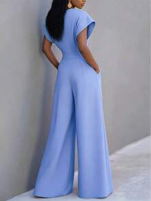 Women's New Solid Color Cutout Pocket Wide Leg Jumpsuit, Suitable For Daily, Office, Vacation In Spring & Summer - Recommend Sizing Up One Size For Slim Fit - Blue - View 7