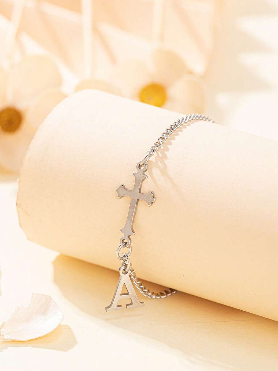 1 pieza Pulsera con inicial A-Z y dije de cruz, pulsera de letra de acero inoxidable ajustable, joyería unisex para adolescentes, regalo de amistad, uso diario - Multicolor - Ver 1