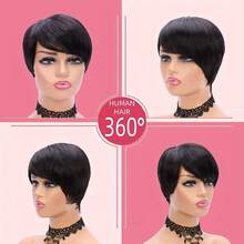 Pixie Cut Perücke aus Echthaar für Frauen, Pixie Cut Perücken mit Pony, 100% Echthaar, natürliche Farbe - Natural Black - Übersicht 5