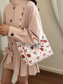 1 chiếc túi đeo vai thời trang đa năng, độc đáo, màu trắng, chất liệu vải nylon, khóa kéo trơn, dây xích kim loại, in hình dâu tây và anh đào, thích hợp cho nữ sử dụng hàng ngày, phù hợp cho việc đi chơi. - trắng - Xem 6