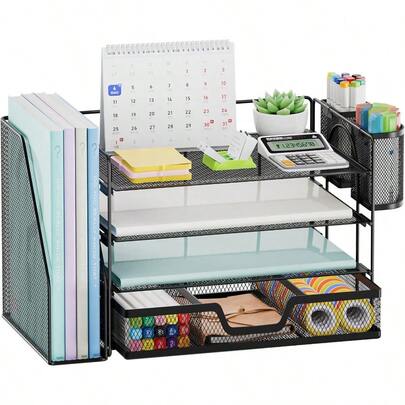 Desk Organizer And Accessories,4-Tier Paper Letter Tray Organizer With File Holder, Desk Accessories & Workspace Organizers With Drawer And 2 Pen Holder (Black, 15.4" X 9.1" X 8.3")