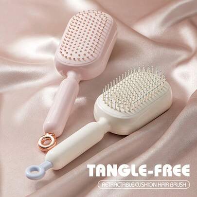 Lược massage thu gọn, lược chải tóc tự làm sạch, lược chải tóc thu gọn dành cho nữ, lược du lịch chống tĩnh điện có vòng kéo giúp làm mượt và làm sạch tóc, phù hợp với mọi loại tóc.