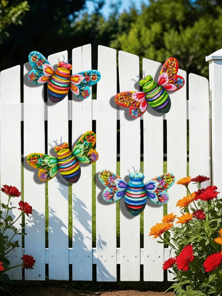 1 pièce/4 pièces Décoration murale en métal vibrante en forme d'abeille, fournitures de jardin, résistante à l'eau et à la rouille, décoration pour la maison et le jardin, convient pour l'intérieur/extérieur, le jardin, la cour, la clôture, le mur, les fêtes, les décorations de fête, cadeau pour la fête des mères - A - Voir 1