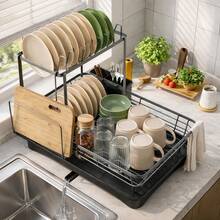 GROWSUN-Iron Dish Drying Rack With Drainboard Dish Drainers For Kitchen Counter Sink Adjustable Spout Dish Strainers With Utensil Holder And Knife Slots - Xem 1
