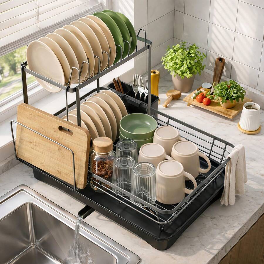GROWSUN-Iron Dish Drying Rack With Drainboard Dish Drainers For Kitchen Counter Sink Adjustable Spout Dish Strainers With Utensil Holder And Knife Slots - Xem 1