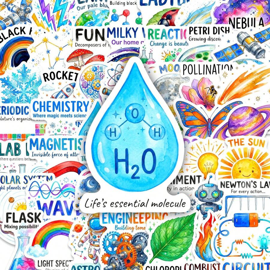 Bộ 50 miếng dán hoạt hình khoa học và toán học mới, nhãn dán giáo dục vật lý và hóa học, chống thấm nước, chống rách, có thể tái sử dụng. - 50 hình dán hoạt hình về toán học, vật lý và hóa học - Xem 1