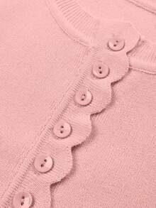 2pcs Women Short Sleeve Round Neck Multi-Button Knit Cardigan Top Paired With Elastic Waist Fitted Shorts, Casual Spring Outfit Pink - Pink - View 5