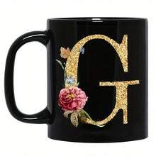 1pc Gold Letter & Floral Print Ceramic Coffee Mug, Beautiful & Practical Gift For Women, Girls, Office, Home Use - Black - View 28