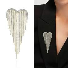 1pc Heart Shaped Tassel Rhinestone Brooch, Fashionable Elegant Versatile Lapel Pin, Sweater Decoration Accessory - Multicolor - View 11