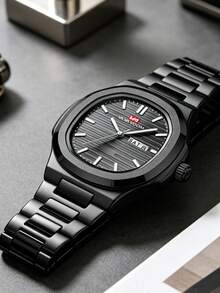 Đồng hồ nam quartz doanh nhân thép không gỉ 43.5mm, đồng hồ thể thao thương hiệu cao cấp, hiển thị ngày & thứ, mặt số sọc dạ quang, chống nước 3bar, quà tặng Valentine - màu đen - Xem 5