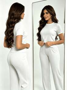 Women's 2-Piece Casual Set: Tank Top And Wide-Leg Pants In Ribbed Textured Fabric - 白色 - 查看 3