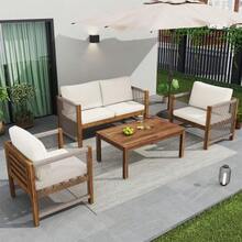 Lounge Set, Garden Furniture Set, With Comfortable Cushions, Seating Group, Patio Furniture Set, Double Sofa, 2 Armchairs And Table, Outdoor, Table And Chairs, Rattan Look, Acacia, Beige - Beige - View 3