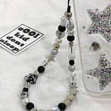 Cordón de teléfono negro con cuentas y estrella, correa anti-pérdida para cámara CCD, accesorio para funda de teléfono y colgante para mochila - negro - Ver 4