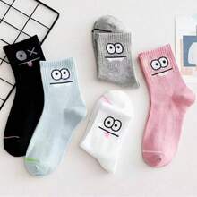 5 Pairs Cute Big Eyes Cartoon Breathable Mid-Calf Socks For Women, Summer Long Tube Socks, Student Socks - Multicolor - View 5