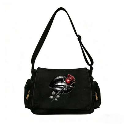 Minimalist Military Green Canvas Crossbody Bag, Large Capacity Dark Sexy Lip & Rose Print Shoulder Bag, Dark Gothic Style For Daily, School, Commute, Shopping