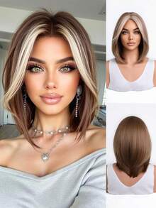 12 Inch Layered Middle-Parted Bobo Wig, Suitable For Summer Daily Wear, Parties, Cosplay, Music Festivals And Holidays, A Practical Gift For Girls - Camel - View 13