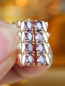 Pendientes tipo aro con hoja de CZ morada, pendientes tipo aro delicados chapados en oro, perfectos para fiesta/cita/uso diario, joyería de moda - Morado - Ver 2