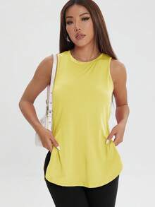 Kaos Tanpa Lengan Longgar Kasual Wanita, Atasan Olahraga Warna Polos dengan Belahan Samping yang Nyaman, Cocok untuk Olahraga Musim Semi/Panas - Butter Yellow - View 4