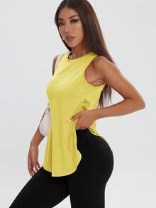 Kaos Tanpa Lengan Longgar Kasual Wanita, Atasan Olahraga Warna Polos dengan Belahan Samping yang Nyaman, Cocok untuk Olahraga Musim Semi/Panas - Butter Yellow - View 5