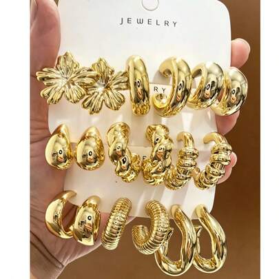 6-18pcs Gold-Tone Fashion Earring Set, Stylish & Elegant, Suitable For Daily, Party, And Event Wear