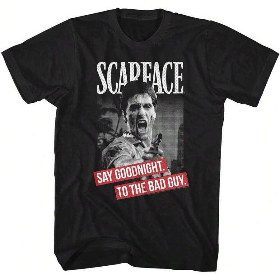 Scar Face Say Goodnight Black T-Shirt Movie Inspired T-Shirt, 100% Cotton Comfortable Short Sleeve Tee, Iconic Tony  Graphic, Casual Crew Neck Streetwear, Stylish And , All-Match Men's Fashion Top - Black - View 1