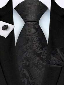 Bộ cà vạt, khăn cài túi và khuy măng sét họa tiết Paisley đen dành cho nam, bộ phụ kiện công sở cao cấp cổ điển, phụ kiện cưới cho nam, quà tặng gia đình, quà Giáng sinh, quà tặng dự tiệc. - màu đen - Xem 1