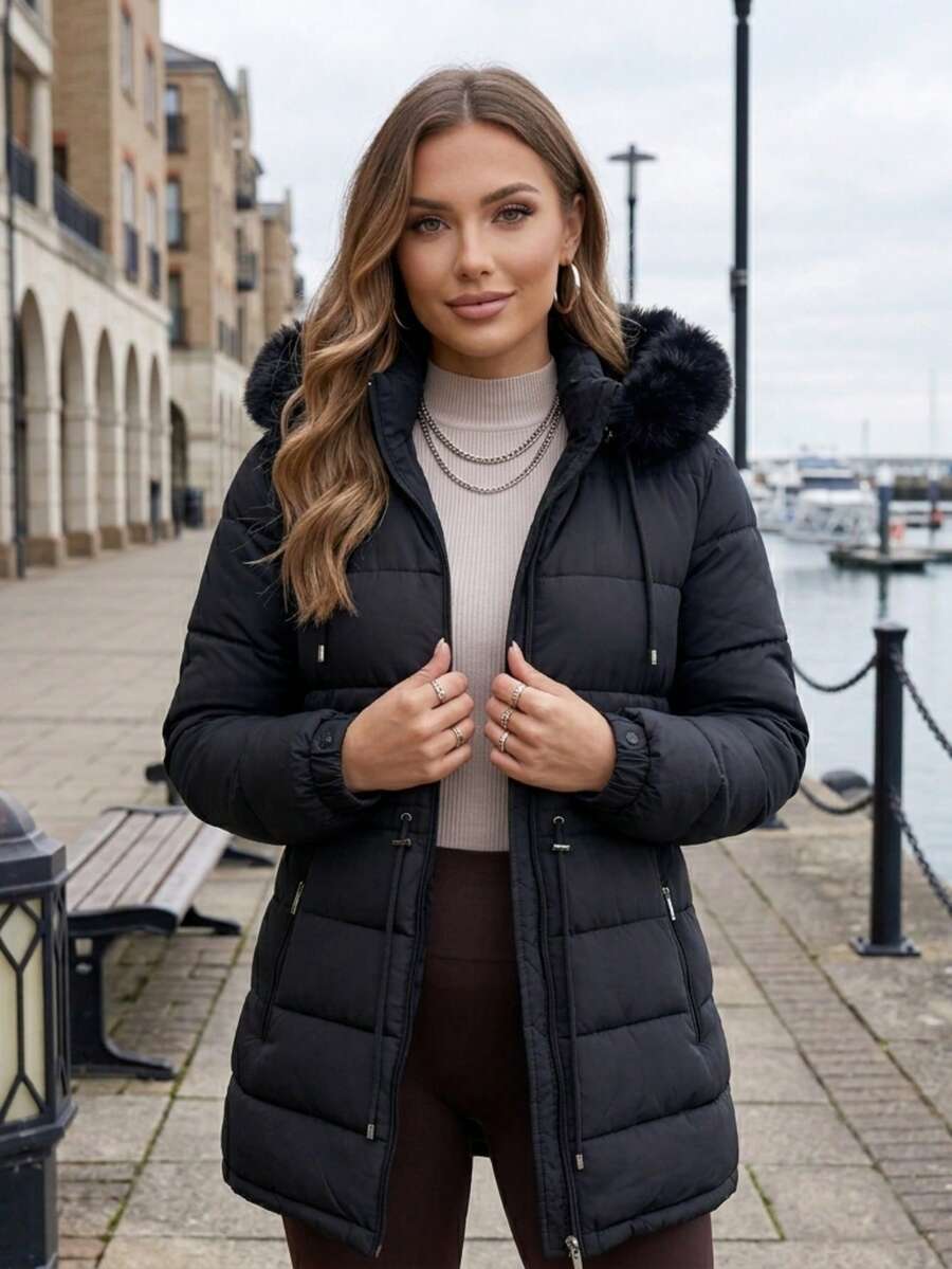 Women's Puffer Jacket With Faux Fur Lining For Winter With Hood - màu đen - Xem 1