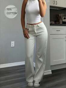 High-Waisted Straight Leg Jeans, Loose Wide Leg Jeans, Ankle Length Casual Cotton Pants, Suitable For Office, Outdoor, Work, White Trousers Spring - 白色 - 查看 3
