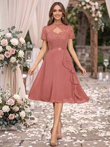 MIUSOL Đầm cocktail dáng xòe cổ cao, chất liệu chiffon, ren hoa, ren, xếp ly, thích hợp cho mùa hè. - Bụi hồng - Xem 7