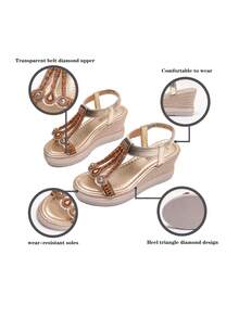 Sandal Wedges Platform Bohemian Baru 2025 untuk Wanita, Sandal Hak Tinggi Sol Tebal Gaya Romawi dengan Hak Tebal - Emas - View 7