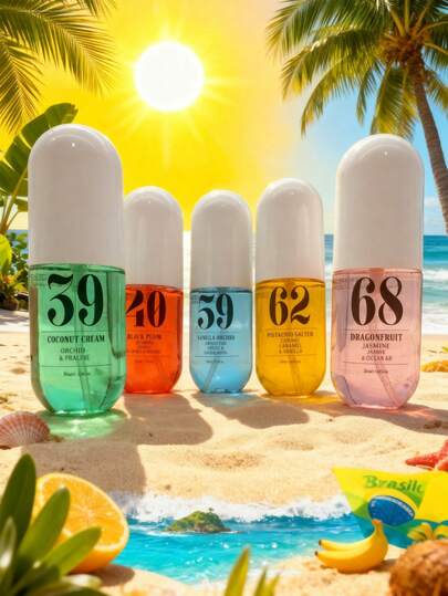 50ml Brazil Fragrance Mist, 5 Scent Options, Indoor & Outdoor Air Freshener, Multi-Layered Mood Enhancing Spray, Long-Lasting Natural Fresh & Alluring Aroma, Blended With Notes Of Coconut, Plum, Violet, Pistachio And Jasmine, With Floral Fruity Citrus And Woody Marine Accords, Suitable For Dates, Parties, Gatherings, Holidays, Home, Hotel, Office