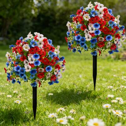 1pc - Independence Day-Themed Artificial Ground Flower Bouquet, Blue, White, And Red Eucalyptus And Pansies, Suitable For Indoor/Outdoor Use, Living Room Decoration, Garden And Front Door Decoration, Weddings, Parties, Home Decoration, Anniversary Celebration Decoration, Durable Plastic Plants - Outdoor Patio, Lawn, Balcony Landscaping Decoration Flowers, Suitable For Mother's Day, Independence Day, Summer, And Other Holiday Artificial Flowers