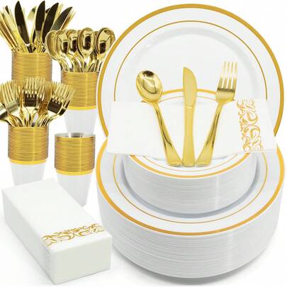 350PCS Gold White Plastic Plates For Party Dinnerware Sets For 50 Guests, Vintage Disposable Plastic Party Plates Cups Spoons Forks Knives Napkins For Wedding Birthday Christmas BBQ Parties