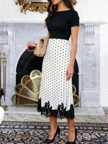 女士夏季中长裙，休闲优雅波点蕾丝拼接经典长款，适合海滩、夜店和街头穿着，春季必备 - 白色 - 查看 10