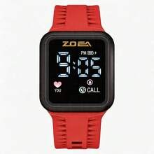 ZOEA Men's LED Touchscreen Watch, Waterproof Silicone Strap, Sporty And Casual Design - Red With Black Shell - View 3