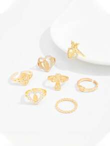 7pcs Vintage Luxury Heart & Virgin Mary Design Ring Set, Hollow Cross Rings, Suitable For Parties, Vacations, Gifts, Daily Wear - Gold - View 4