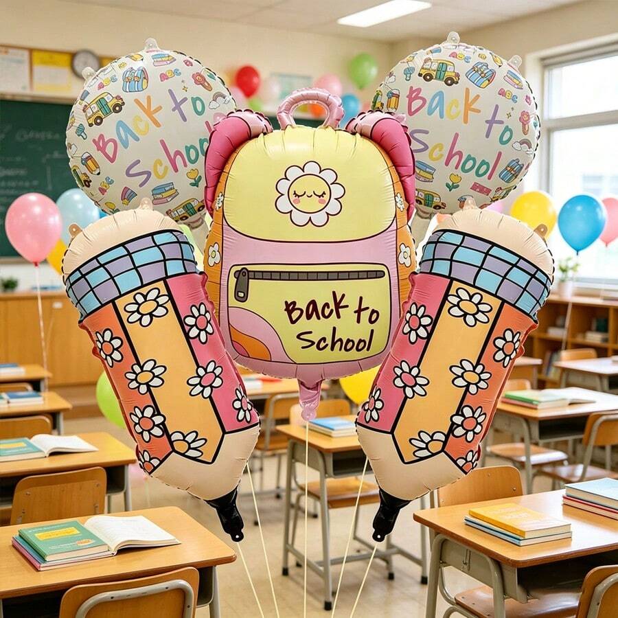 5 peças/Conjunto Balões de Folha de Alumínio em Formato de Lápis - Design "A Escola é Legal", Decoração Colorida de Campus para a Temporada de Volta às Aulas, Bottom de Festa e Decoração de Sala de Aula, Presentes de Volta às Aulas, Decoração de Atmosfera Alegre, Balões Impressos de Alta Qualidade - A - Visão 1