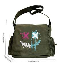 军绿色涂鸦笑脸帆布斜挎包，Abby 风格图案印花大容量学生/通勤信使包 - 彩色 - 查看 2