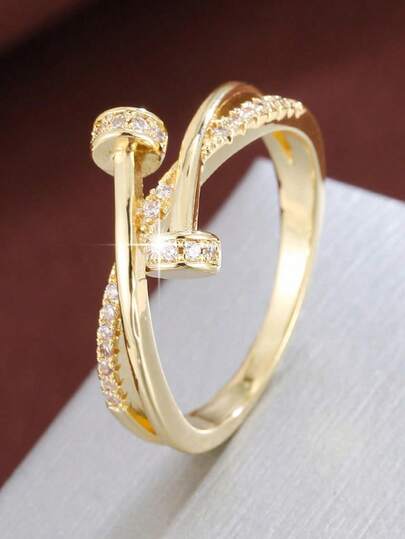 1pc Minimalist Geometric Symmetrical Criss-Cross Design Cubic Zirconia Women's Ring, Casual Gift