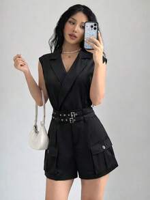 Jumper corto para mujer de moda tipo blazer unicolor elegante con cinturones decorativos estilo casual para uso diario - Negro - Ver 2