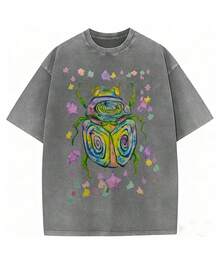 CottonWashable T-Shirt-Colorful Beetle Party Printed T-Shirt,Perfect For Everyday Wear,Gifts For Father'S Day-Summer Tops-New Summer Outfits For Women - 灰色 - 查看 1