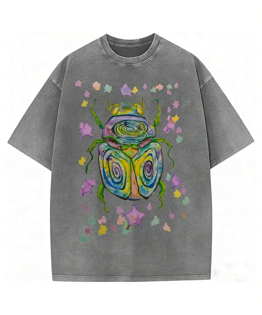 CottonWashable T-Shirt-Colorful Beetle Party Printed T-Shirt,Perfect For Everyday Wear,Gifts For Father'S Day-Summer Tops-New Summer Outfits For Women - 灰色 - 查看 1