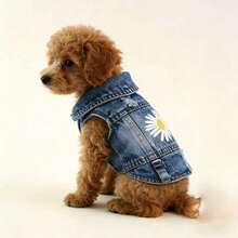 Áo khoác gile denim Daisy cho chó nhỏ, quần áo cho chó con giống Poodle Teddy Bear, trang phục thú cưng mùa xuân thu. - Màu xanh lam - Xem 3